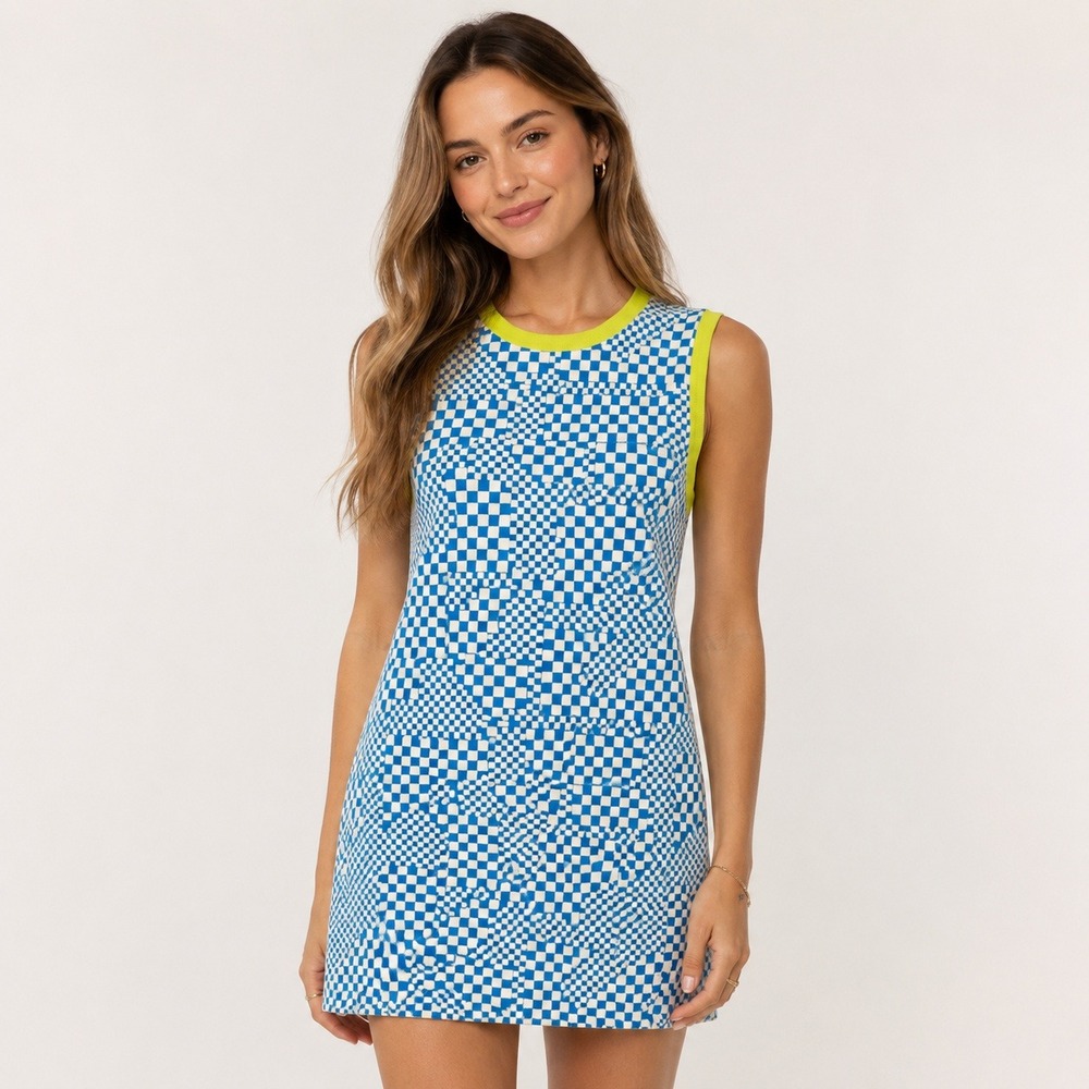 Zara Y2K 60s Mod Indie Blue White Checkered‎ Knit Mini Dress Neon Lime Trim S